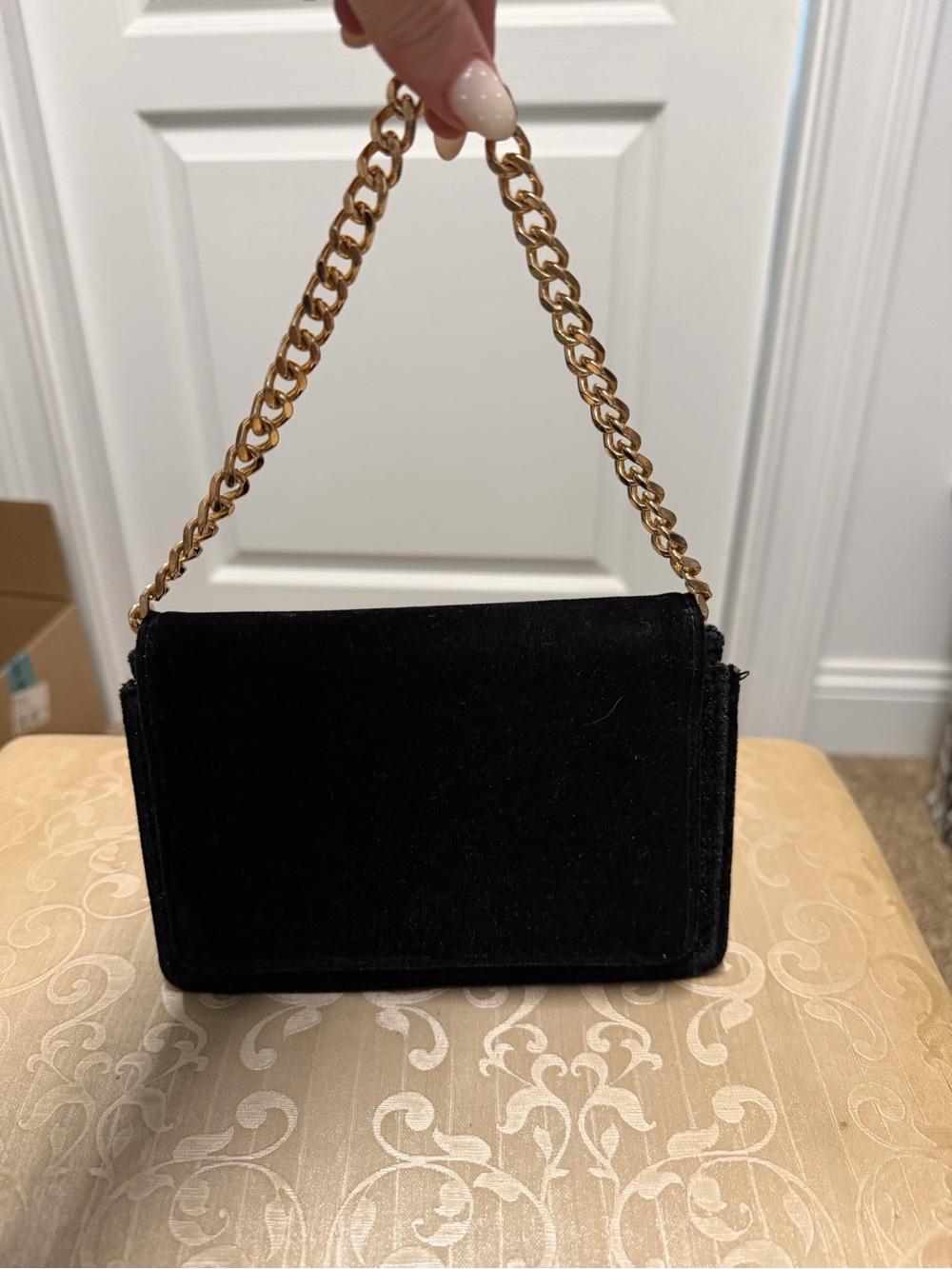 Anthropologie Black Velvet Clutch with Gold Chain Handle